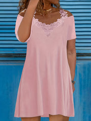  Casual Dress Women's Plus Solid Contrast Lace Panel Dress