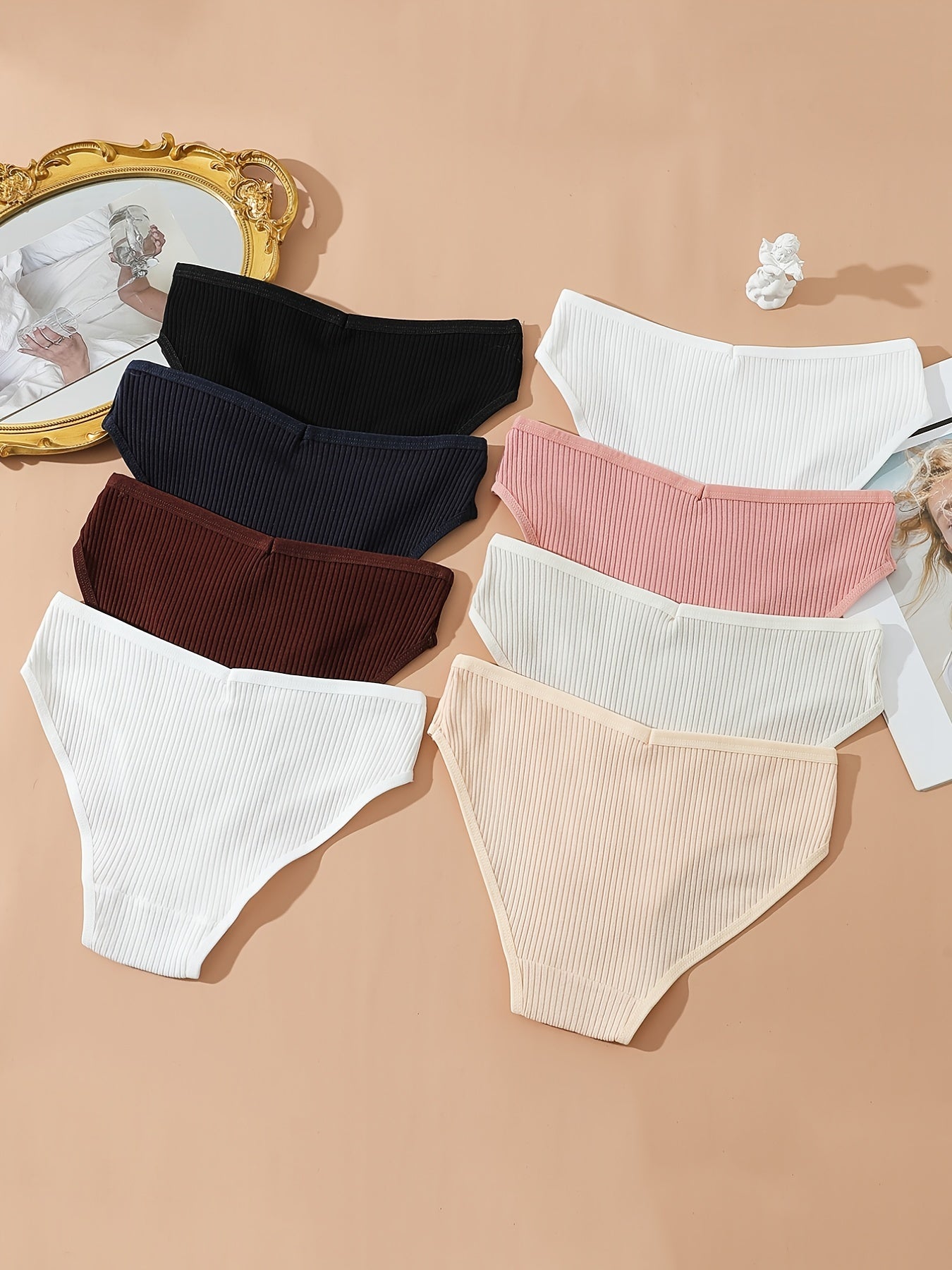 8pcs Seamless Ribbed Bikini Comfy Low Waist Panties Women Lingerie