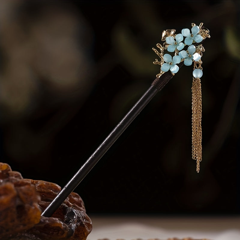 Flower Chinese Style Hairpin Golden Chain Pendant Wooden Hair Stick Ponytail Hol
