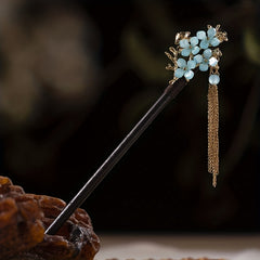 Flower Chinese Style Hairpin Golden Chain Pendant Wooden Hair Stick Ponytail Hol