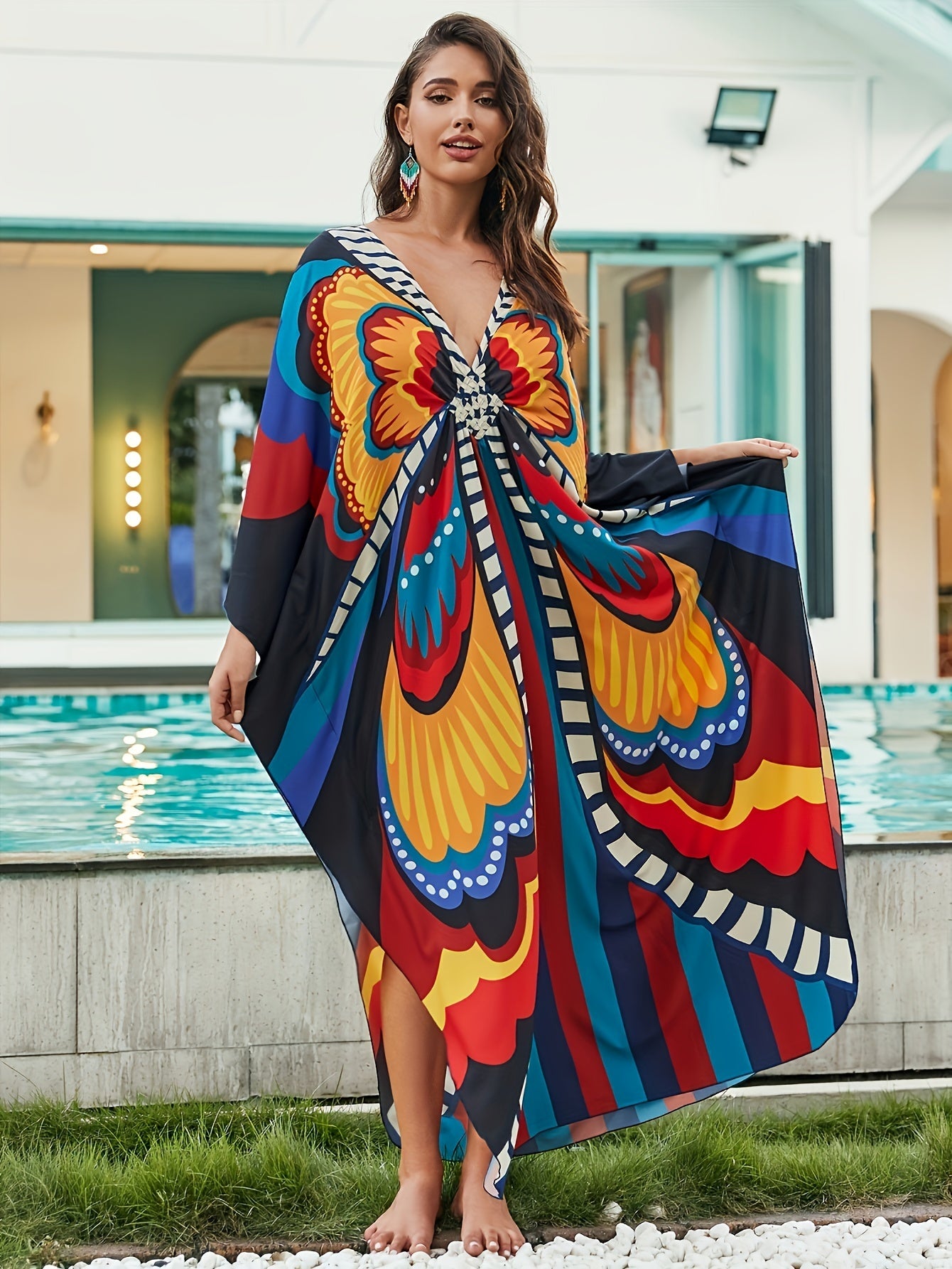  Boho Dress Women's Plus Allover Print Batwing Sleeve V Neck Side Split