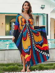  Boho Dress Women's Plus Allover Print Batwing Sleeve V Neck Side Split