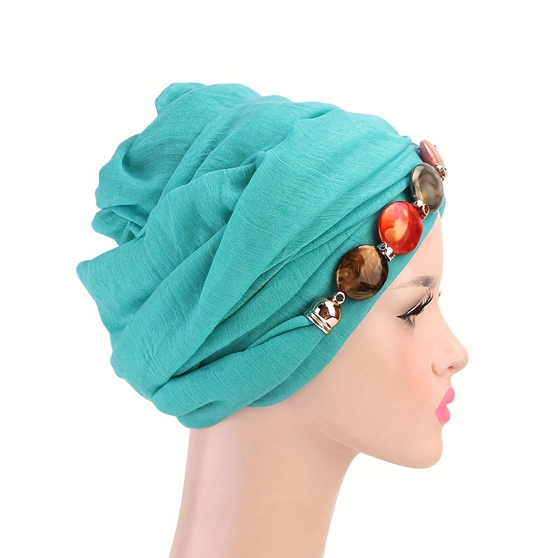 Boho Agate Chain Turban Cap Voile Head Wraps Lightweight Bonnet