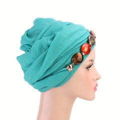 Boho Agate Chain Turban Cap Voile Head Wraps Lightweight Bonnet