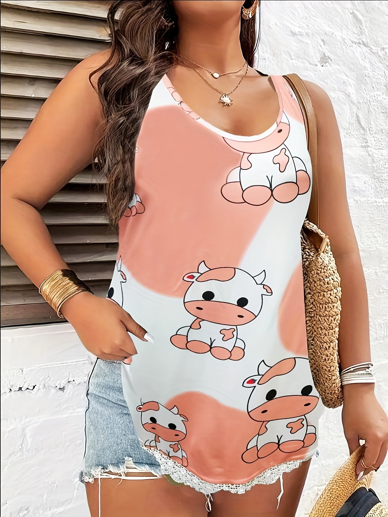  Cow Print Lace Trim Tank Top
