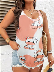  Cow Print Lace Trim Tank Top