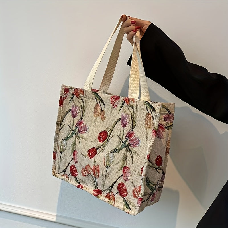 Flower Graphic Tote Bag Canvas Shoulder Bag Large Capacity Handbag