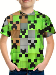 Pixel Block Print Boy's T shirt Short Sleeve Comfortable Summer Tee Tops
