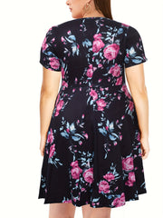  Floral Print Short Sleeve Casual Dress With Pockets