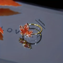 Adjustable Ring Necklace And Earrings Set Red Leaf Artificial Diamond