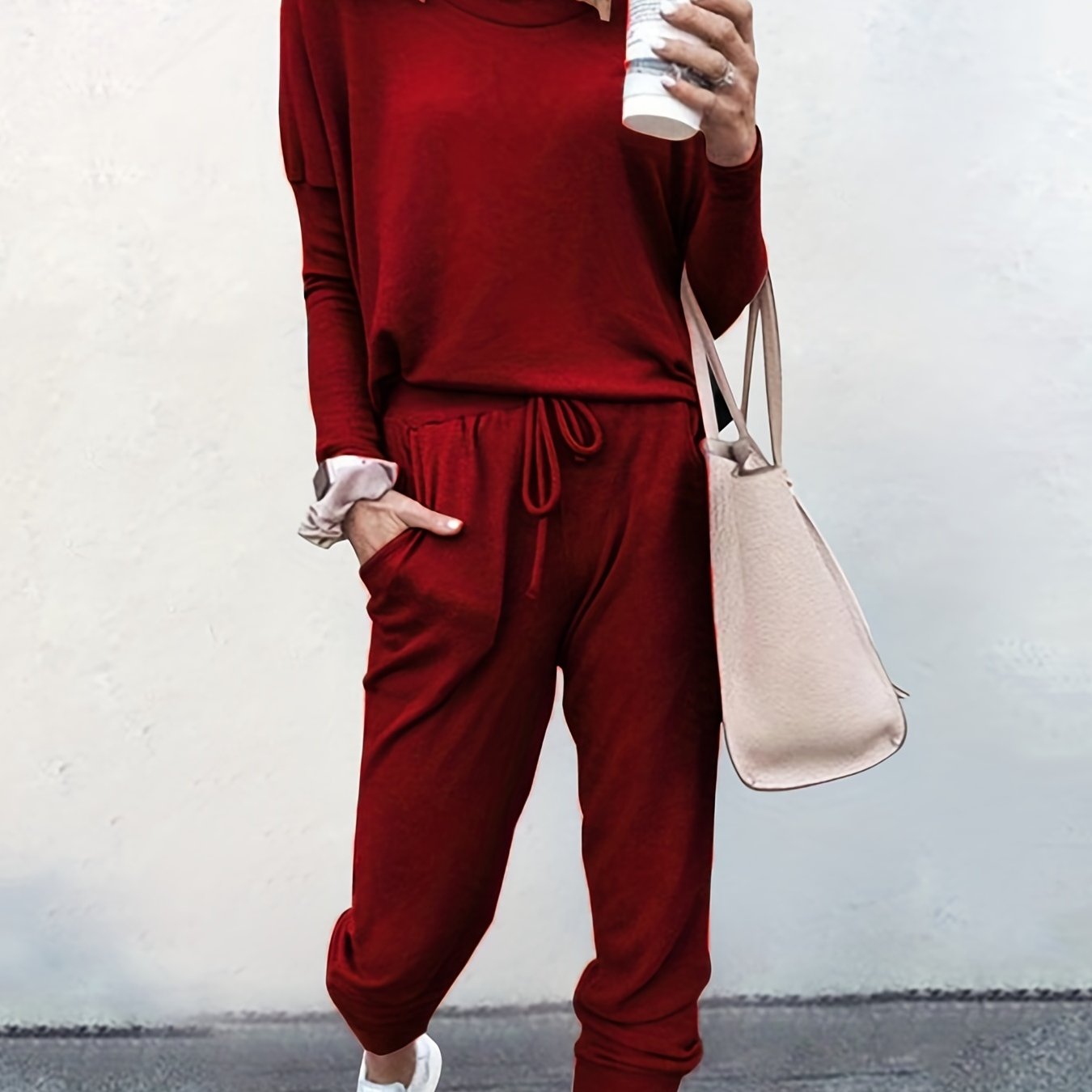 Casual Two-piece Set Long Sleeve T-shirt & Drawstring Pants Outfit