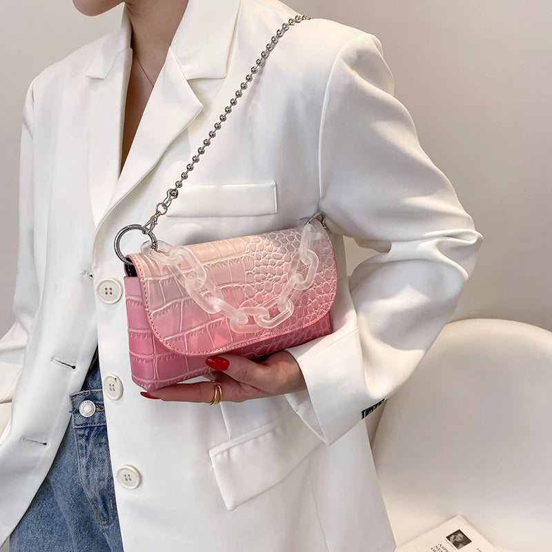 Crocodile Pattern Mini PU Leather Handbag with Acrylic Chain