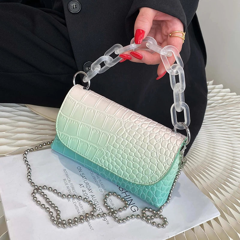 Crocodile Pattern Mini PU Leather Handbag with Acrylic Chain