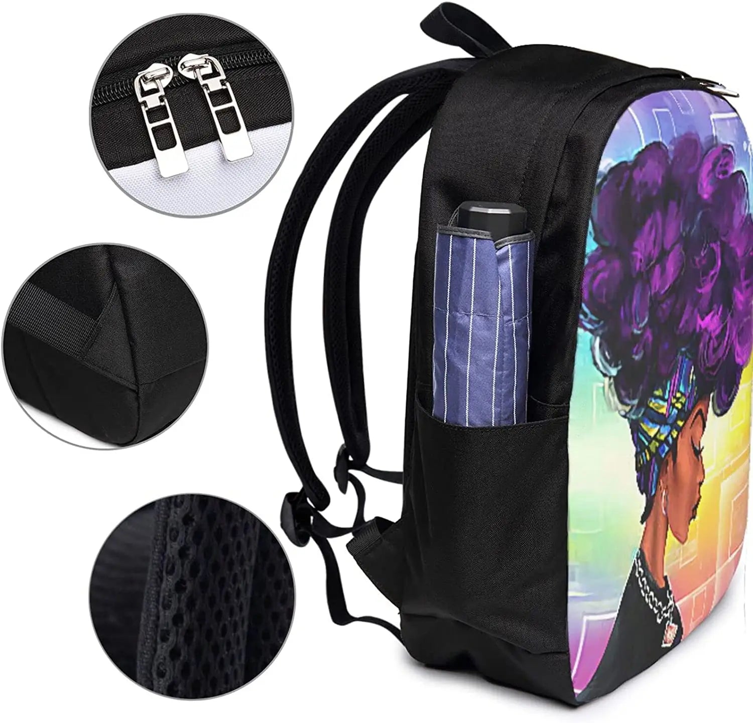 Purple Hair African Women Laptop Backpack with USB Port