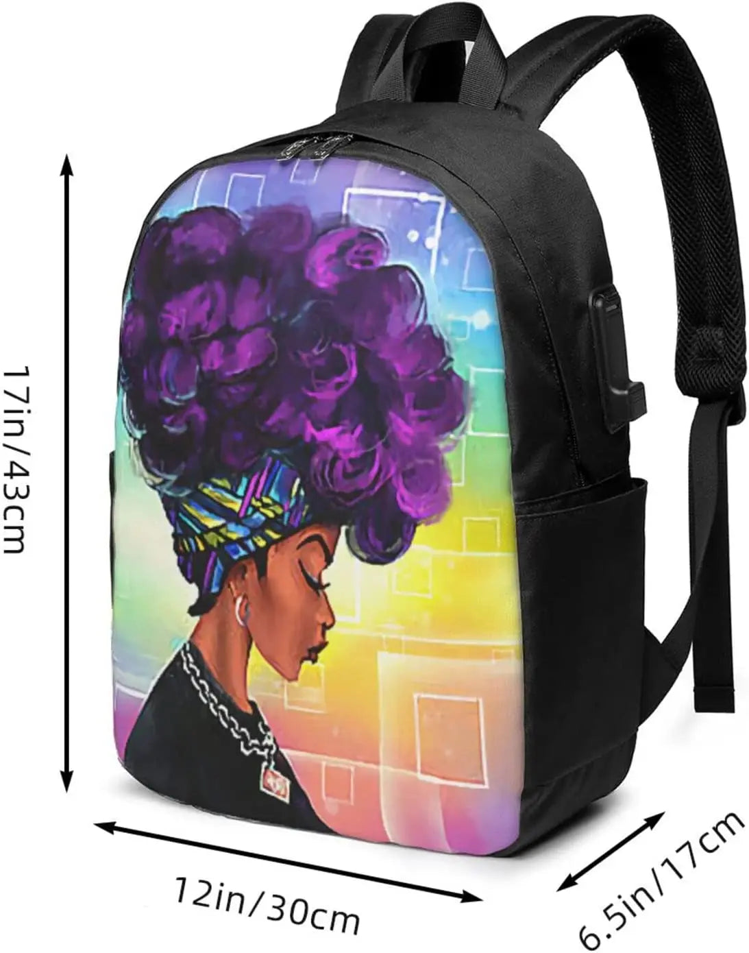 Purple Hair African Women Laptop Backpack with USB Port