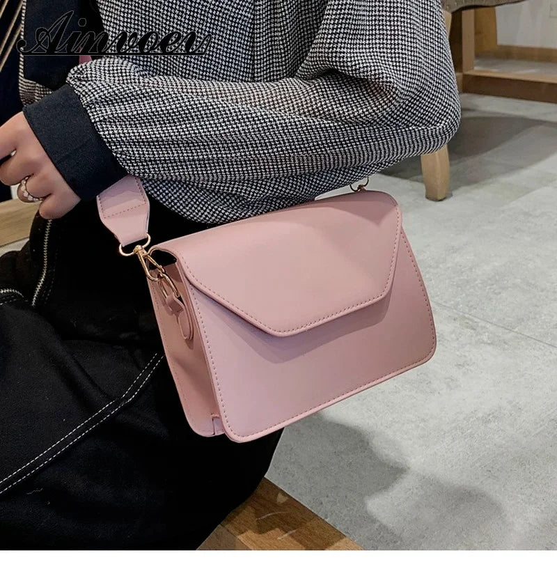 Wide Shoulder Strap PU Leather Small Square Bag Casual Solid Shoulder Messenger