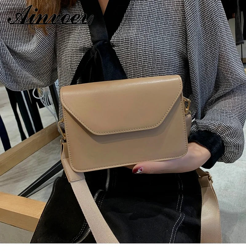 Wide Shoulder Strap PU Leather Small Square Bag Casual Solid Shoulder Messenger