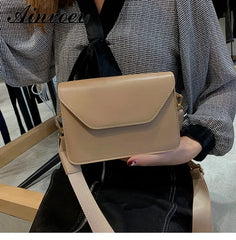 Wide Shoulder Strap PU Leather Small Square Bag Casual Solid Shoulder Messenger