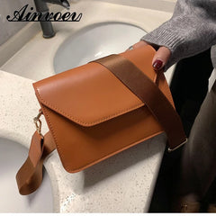 Wide Shoulder Strap PU Leather Small Square Bag Casual Solid Shoulder Messenger