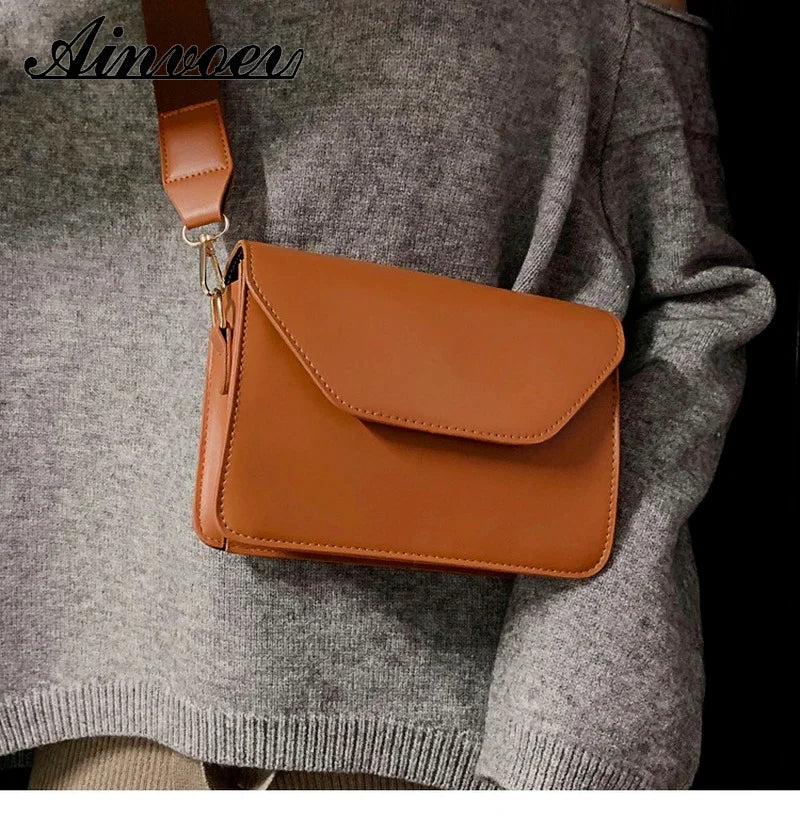 Wide Shoulder Strap PU Leather Small Square Bag Casual Solid Shoulder Messenger