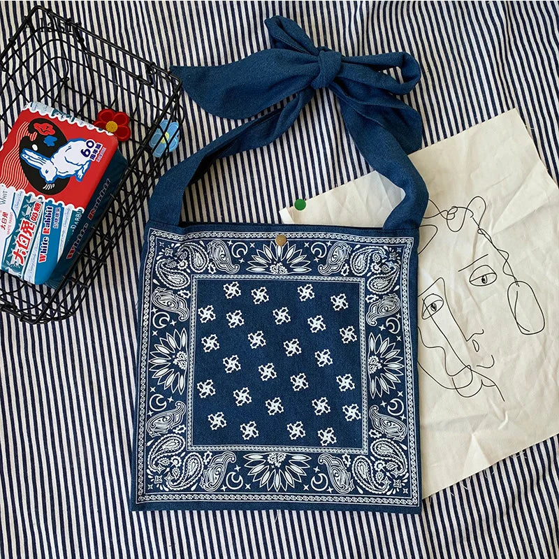 Geometric Denim Shoulder Bag Women Canvas Casual Tote