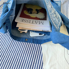Geometric Denim Shoulder Bag Women Canvas Casual Tote