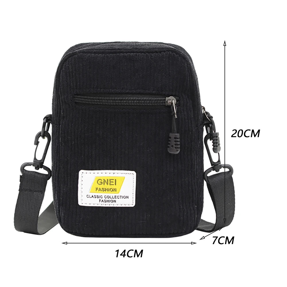 Corduroy Zipper Messenger Bag Autumn Winter Street Shoulder Bag