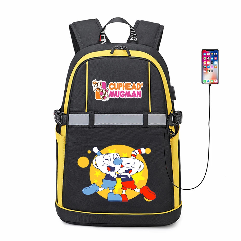Anime Cuphead USB Backpack Student Schoolbag Travel Laptop Bag