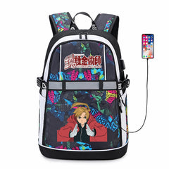 Anime Fullmetal Alchemist Zipper USB Backpack Teenger Oxford Reflective Stripe