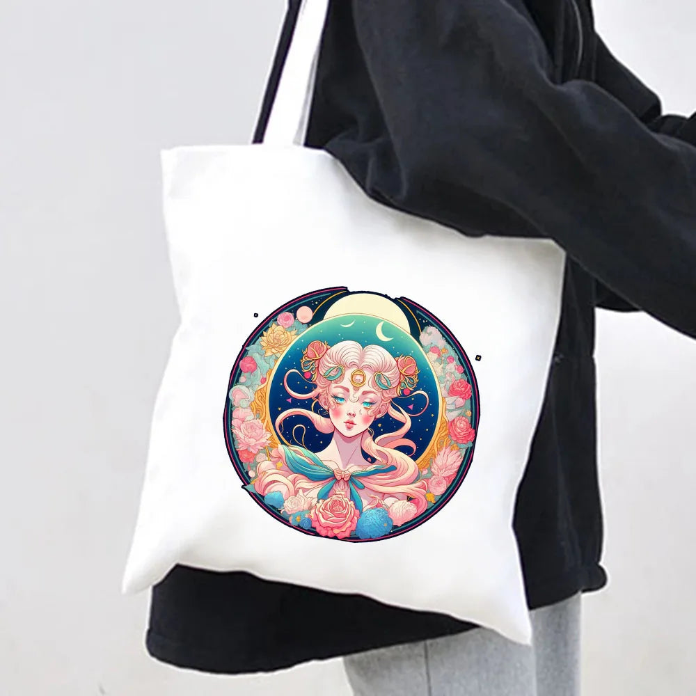 Anime Girl Cat Panda Fox Castle Moon Skull Women Canvas Shoulder Bags