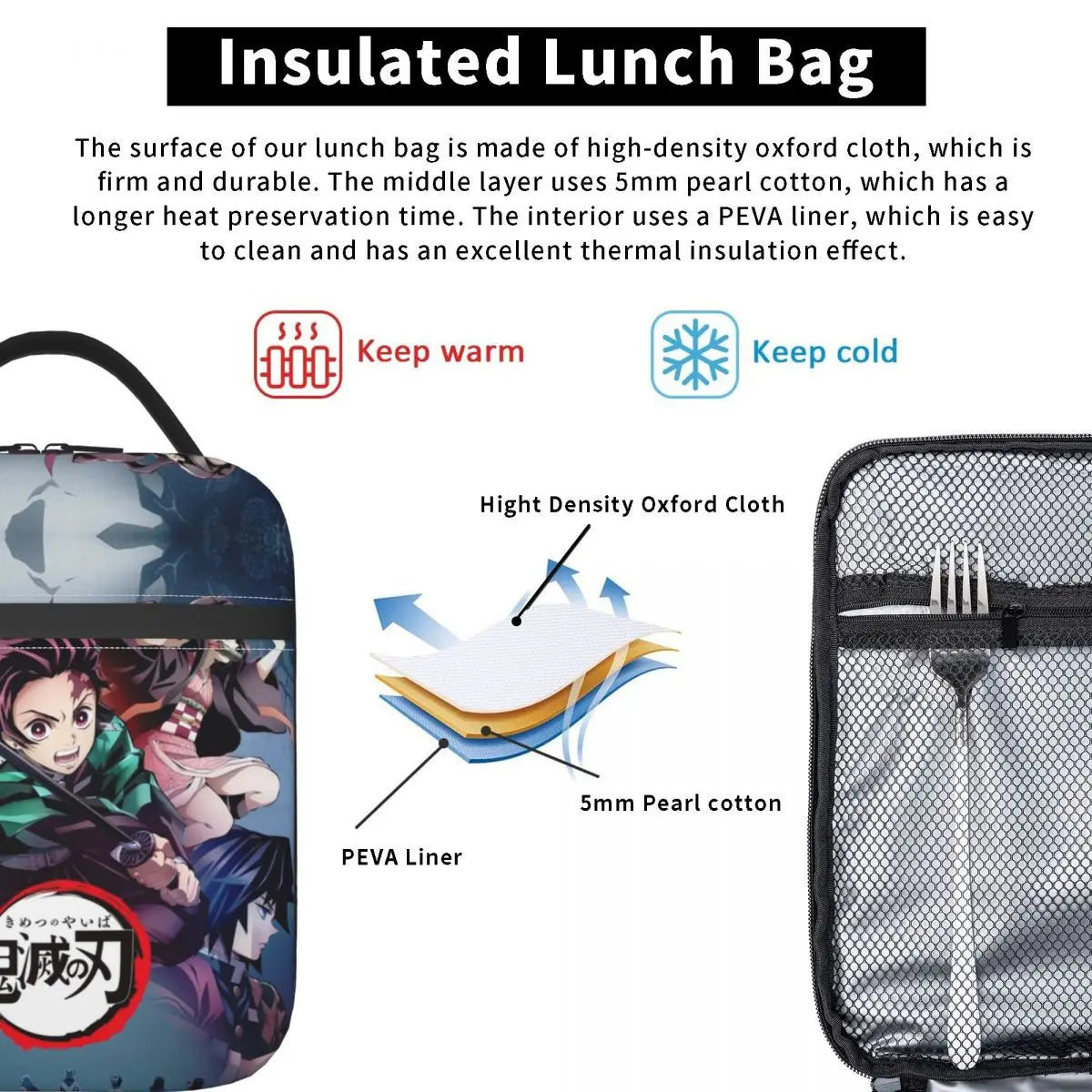 Tanjiro Kimetsu No Yaiba Insulated Lunch Bag Demon Slayer Portable Tote