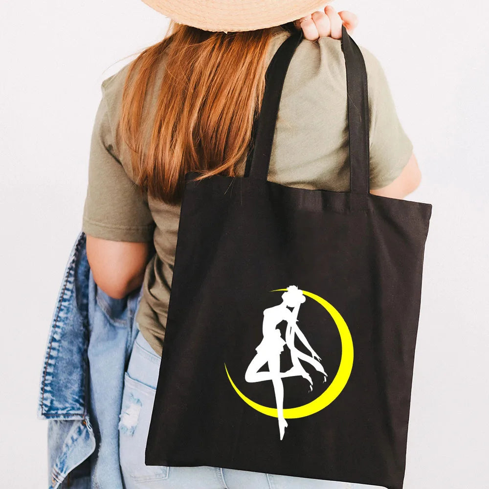 Anime Pink Cartoon Girl Moon Women Canvas Shoulder Bags Harajuku Handbags