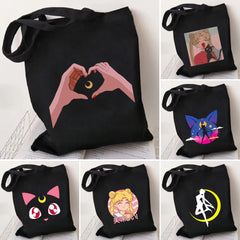 Anime Pink Cartoon Girl Moon Women Canvas Shoulder Bags Harajuku Handbags
