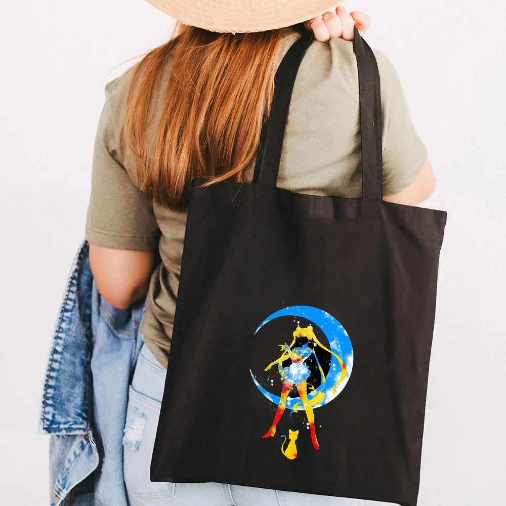 Anime Pink Cartoon Girl Moon Women Canvas Shoulder Bags Harajuku Handbags