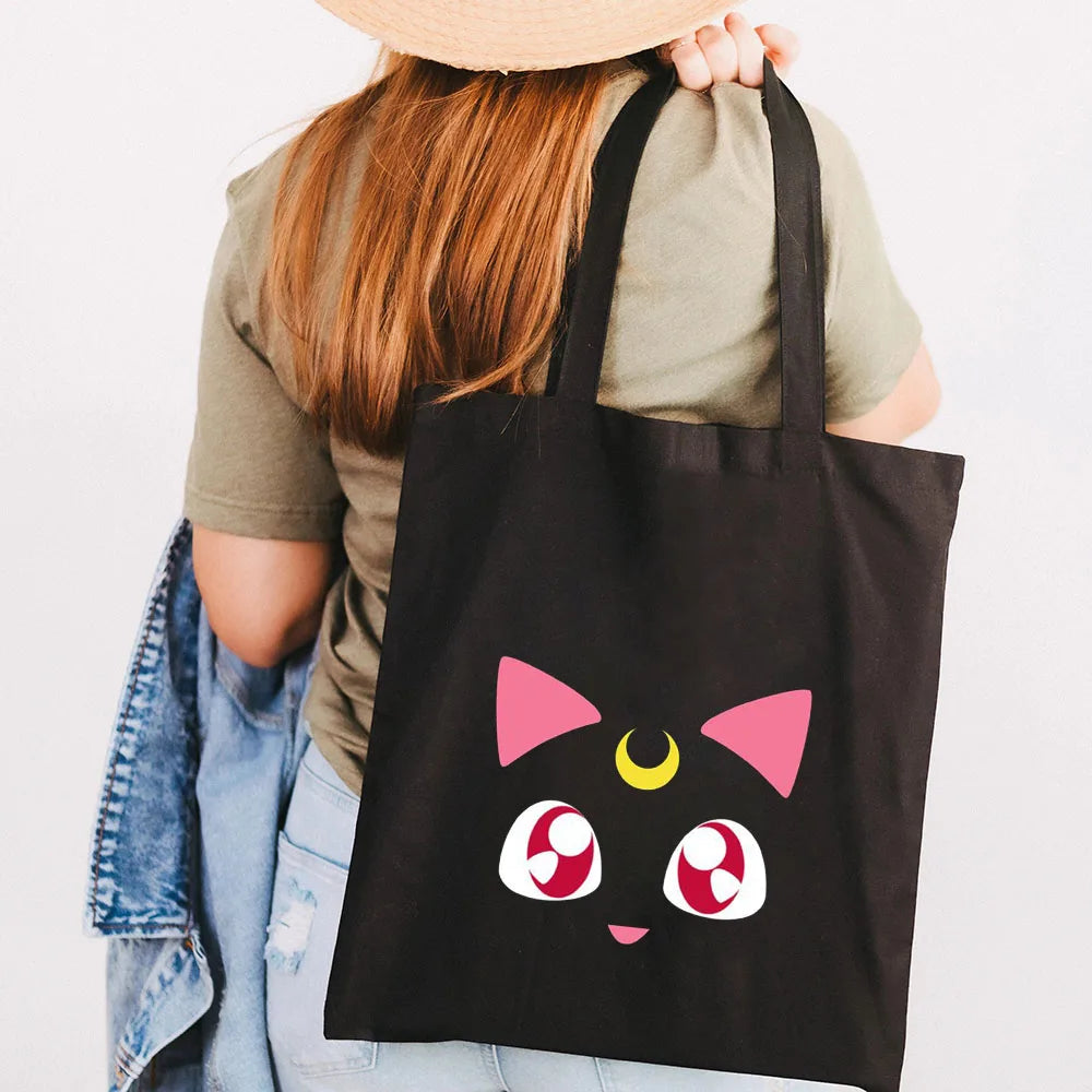 Anime Pink Cartoon Girl Moon Women Canvas Shoulder Bags Harajuku Handbags