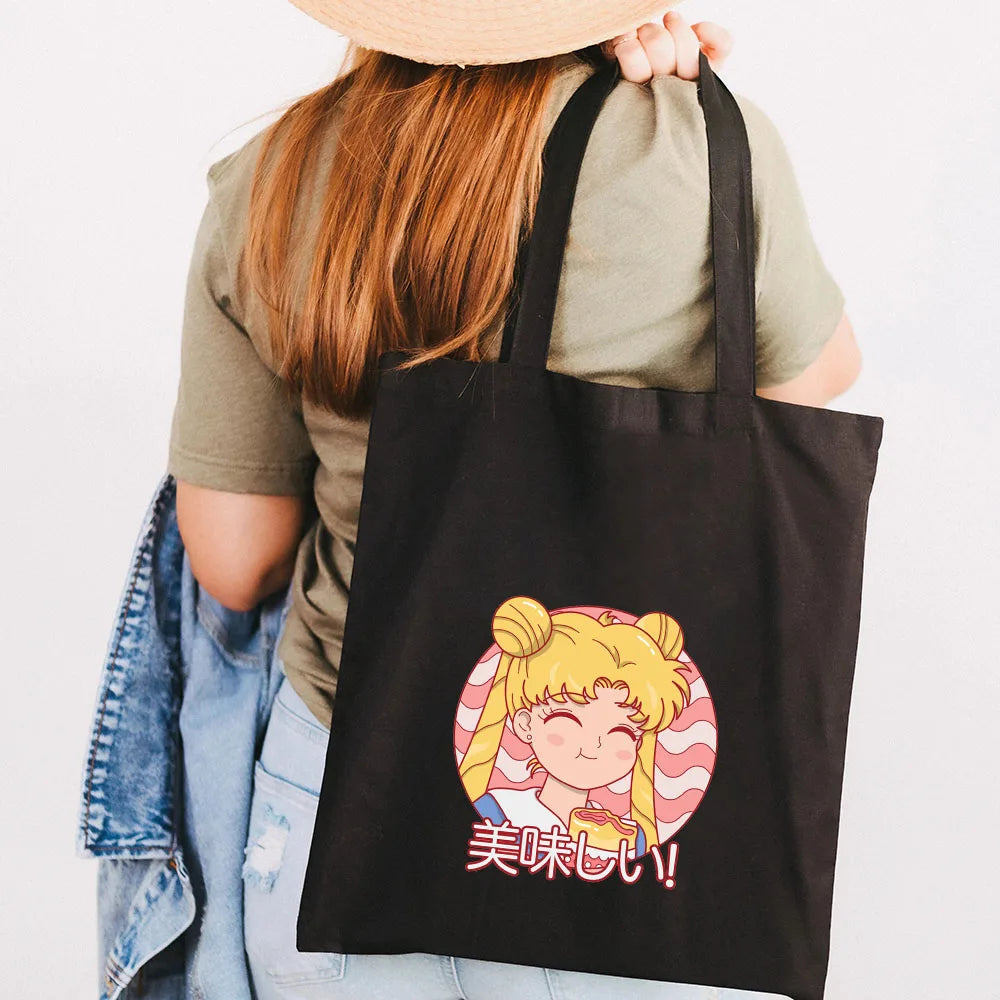Anime Pink Cartoon Girl Moon Women Canvas Shoulder Bags Harajuku Handbags