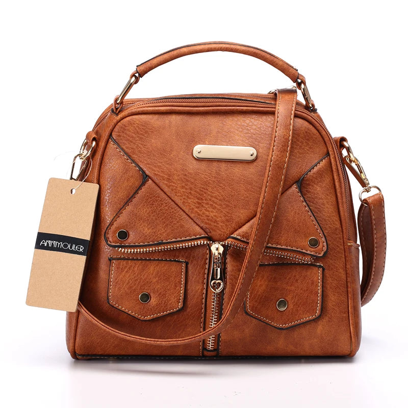 Women Shoulder Bag Handbag Pu Leather Double Zipper Tote Bag Brown