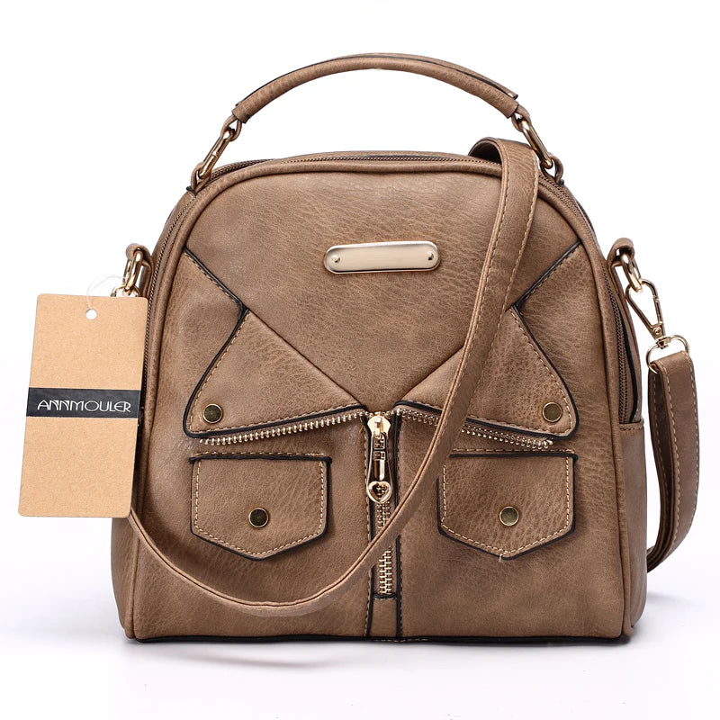 Women Shoulder Bag Handbag Pu Leather Double Zipper Tote Bag Brown