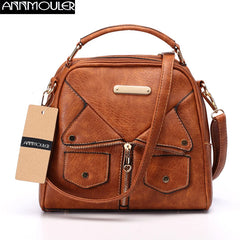 Women Shoulder Bag Handbag Pu Leather Double Zipper Tote Bag Brown