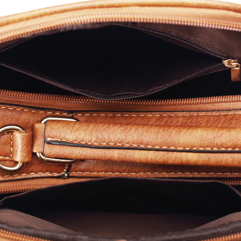 Women Shoulder Bag Handbag Pu Leather Double Zipper Tote Bag Brown