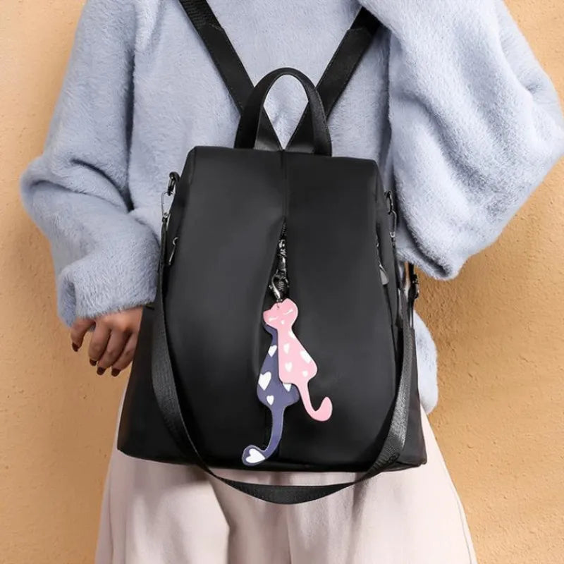 Anti-theft Nylon Backpack Large Daypack for Women with Cat Pendant