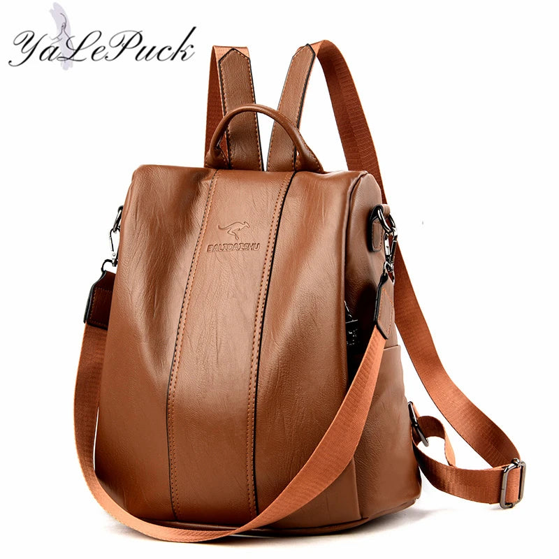 Vintage Anti-Theft Leather Backpack Women Shoulder Bag Large Capacity