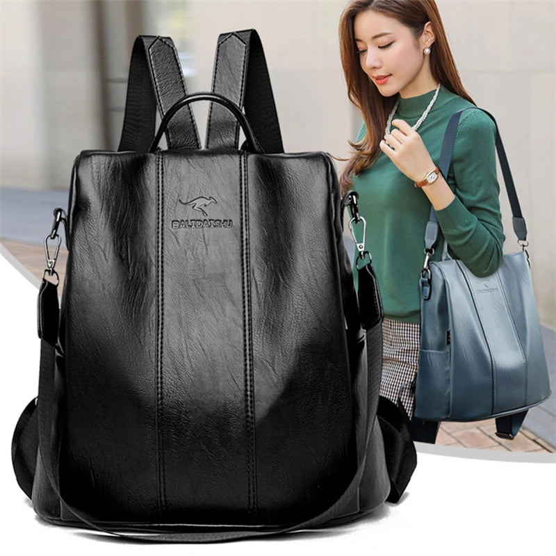 Vintage Anti-Theft Leather Backpack Women Shoulder Bag Large Capacity