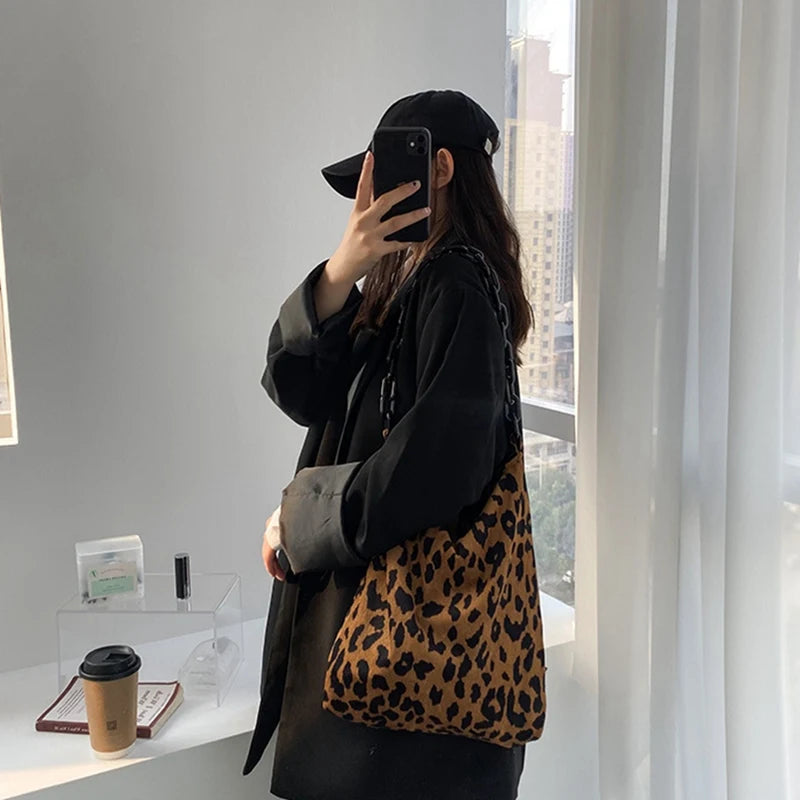 Leopard Print Corduroy Shoulder Bag with Chain Strap