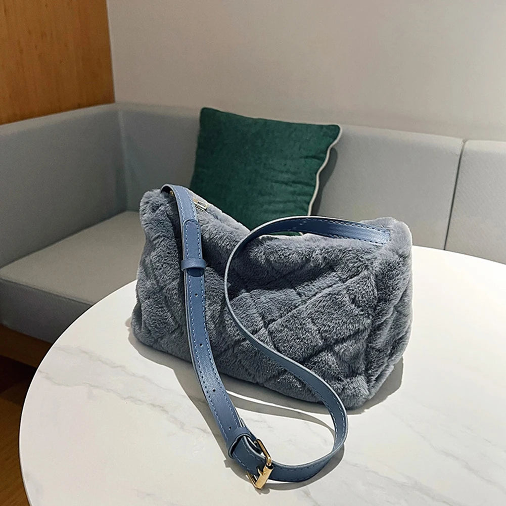 Women's Fluffy Crossbody Bag Rhombus Pattern Soft Adjustable
