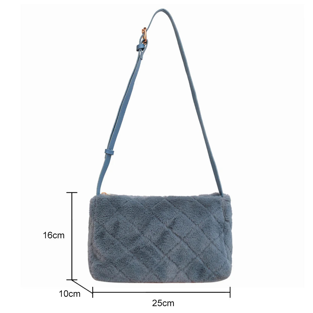 Women's Fluffy Crossbody Bag Rhombus Pattern Soft Adjustable