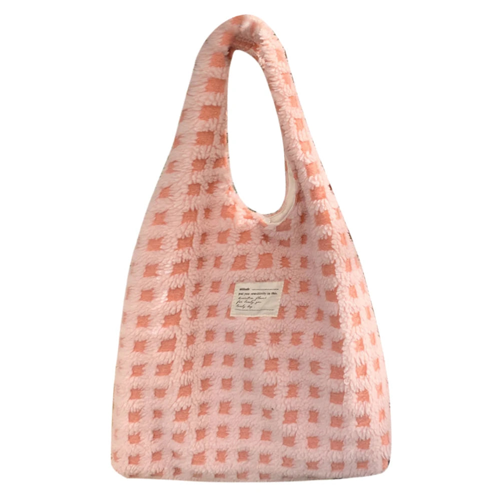 Plush Shoulder Bag Waffle Plaid Top-handle Bag Large Capacity Street Travel