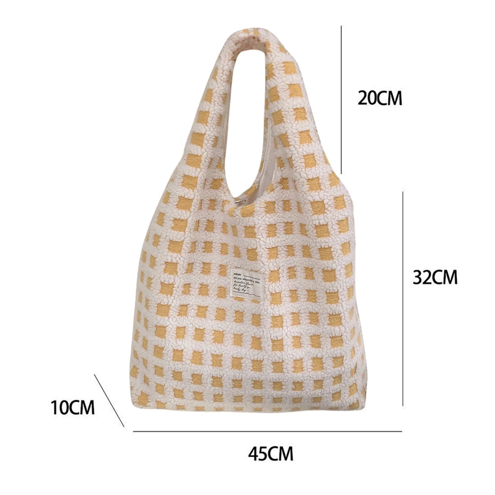 Plush Shoulder Bag Waffle Plaid Top-handle Bag Large Capacity Street Travel