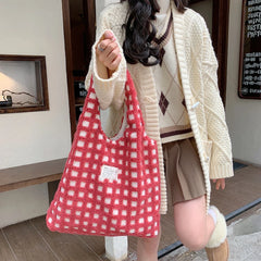 Plush Shoulder Bag Waffle Plaid Top-handle Bag Large Capacity Street Travel