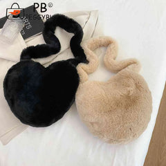 Heart Shape Ladies Tote Handbag Soft Fluffy Purse Shoulder Bag